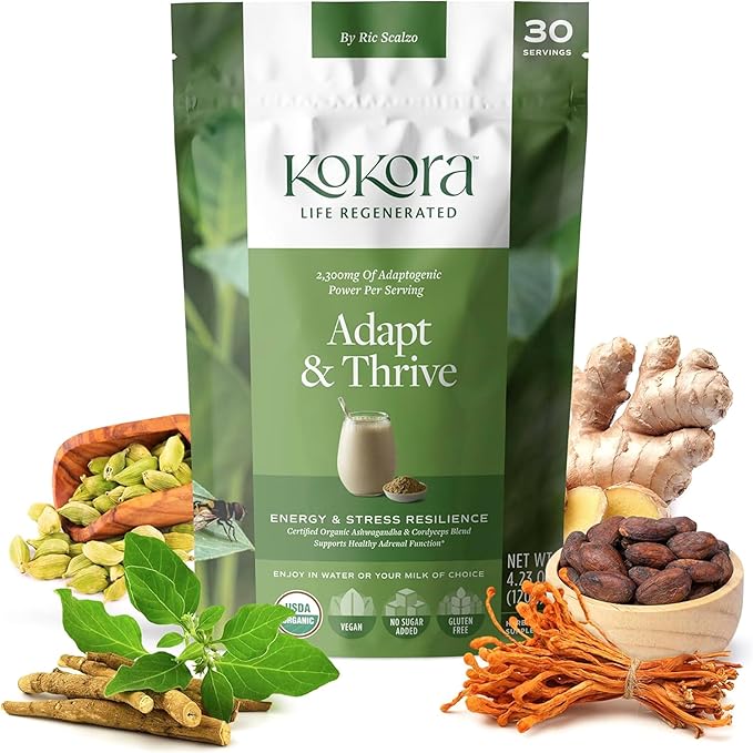 Adapt & Thrive - Organic Ashwagandha Root Powder - Cordyceps with Rhodiola & Maca Root - Energizes & Promotes Healthy Stress Response* - Vegan, Gluten Free, No Added Sugar - 30 Servings - 120g