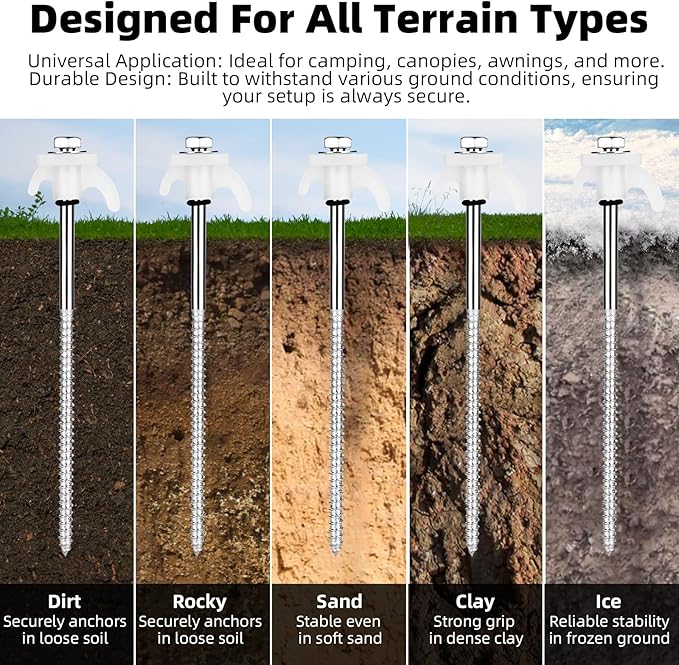 12 Pack Tent Stakes Heavy Duty 8 Inch Ground Anchor Screw Camping Stakes with Luminous Head Metal Threaded Tent Pegs, Includes Hex Head Driver and Storage Box