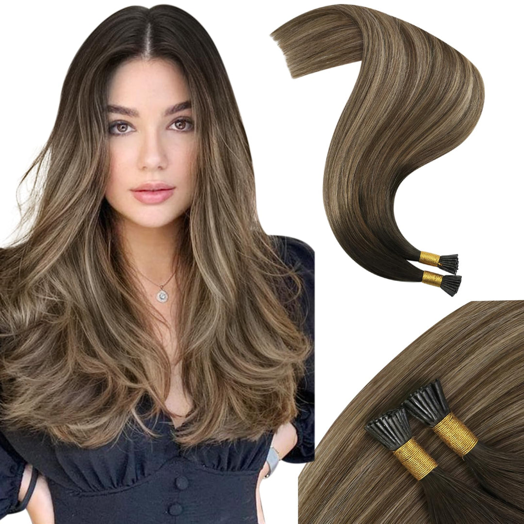 Moresoo I Tips Hair Extensions Human Hair Dark Brown With Blonde Balayage Itip Human Hair Extensions Dark Ash Blonde Ombre Pre B