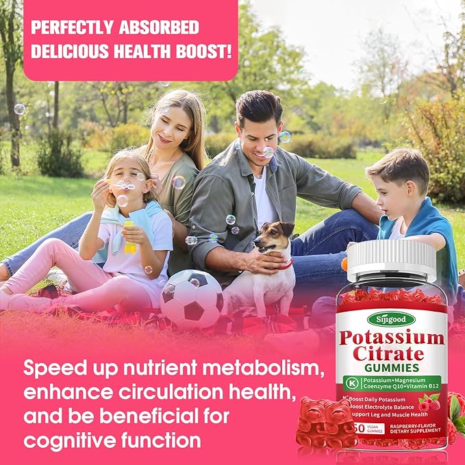 Potassium Citrate Gummies – Potassium Supplement for Muscle Health, Leg Cramp Relief & Electrolyte Balance, Vegan, Non-GMO, Gluten-Free, Raspberry Flavor, 60 Count