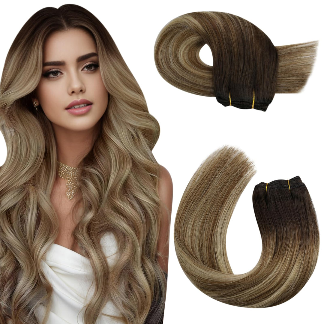 Moresoo Human Hair Extensions Sew In Brown Weft Hair Extensions Human Hair Balayage Brown To Light Brown With Golden Blonde Sew