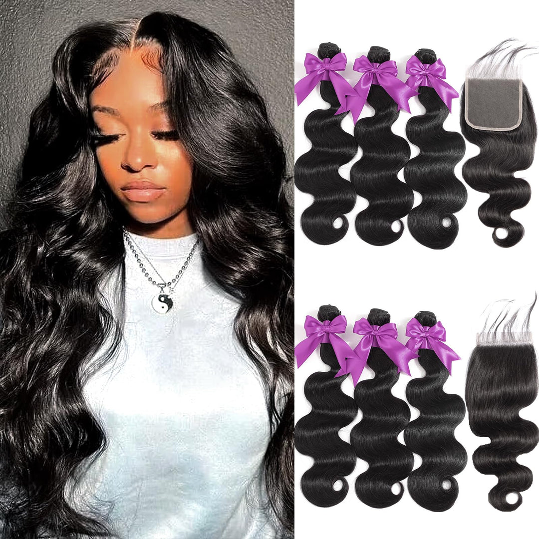 Body Wave Bundles 10A 3 Bundles With Closure Human Hair 100% Unprocessed Brazilian Virgin Raw Hair Bundles Extensions Double Wef