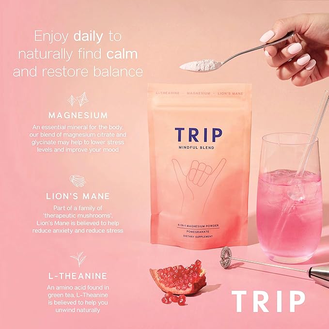 4-in-1 Magnesium Powder with L-Theanine & Lion’s Mane, Sugar Free Magnesium Supplement for Adults, 250mg Magnesium per Drink Mix Serving, Pomegranate Orange Blossom, 1 Bag - 30 Servings