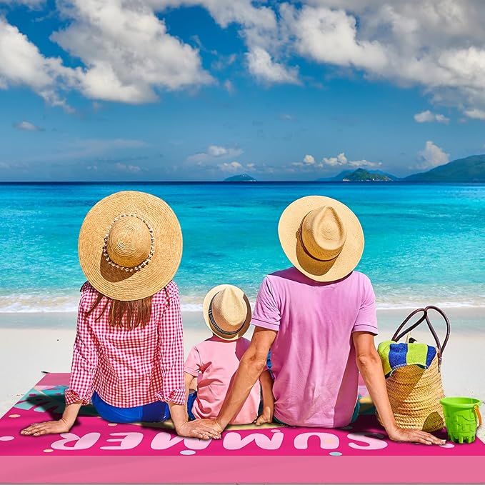 Beach Blanket Waterproof Sandproof Large Beach Mat 79" X 83" for 2-4 Adults Sand Free Mat Quick Drying,Lightweight & Durable with 4 Stakes & 4 Corner Pockets for Beach Travel Camping.(Pink)