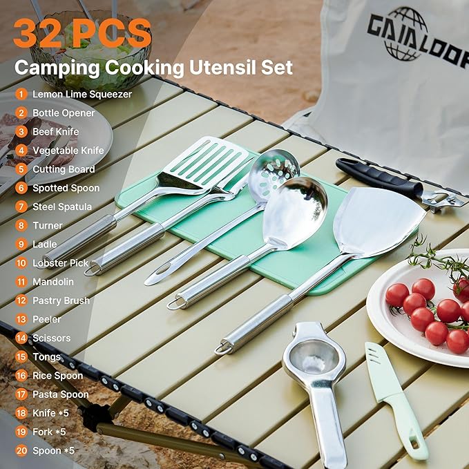 Camping Cooking Utensils Set Grilling Cookware Camp Kitchen Rotating Marshmallow Roasting Sticks BBQ Forks, Portable RV Camping Essentials Camper Must Haves for Cookouts Open Fire Pit