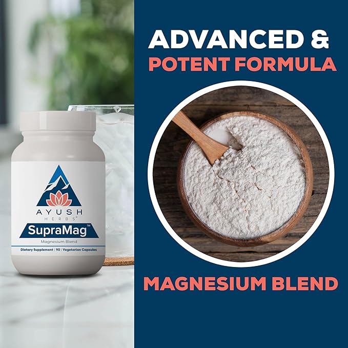 Ayush Herbs SupraMag - Magnesium Blend, 400mg Magnesium Complex Supplement with Chelated Magnesium Bisglycinate, Citrate, Ororate for Sleep, Energy, & Brain Health - 90 Vegetarian Capsules (1 Count)