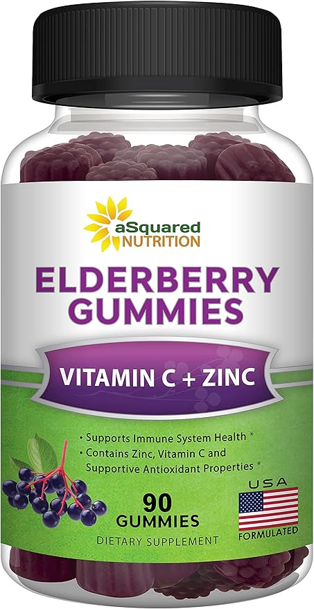 aSquared Nutrition Sambucus Elderberry Gummies with Zinc and Vitamin C - Chewable Gummy Supplement Alternative to Capsules Pills - Black Elderberries w/VIT C for Adults Immune Support - 90 Gummies