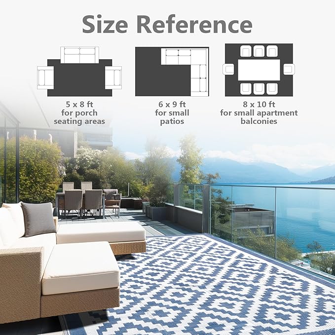 5x8 ft Outdoor Rug Waterproof, Plastic Straw Patio Carpet - UV Resistant Reversible Indoor Outdoor Rugs for Porch, Camping, Poolside, RV, Balcony, Easy to Clean, Blue and White