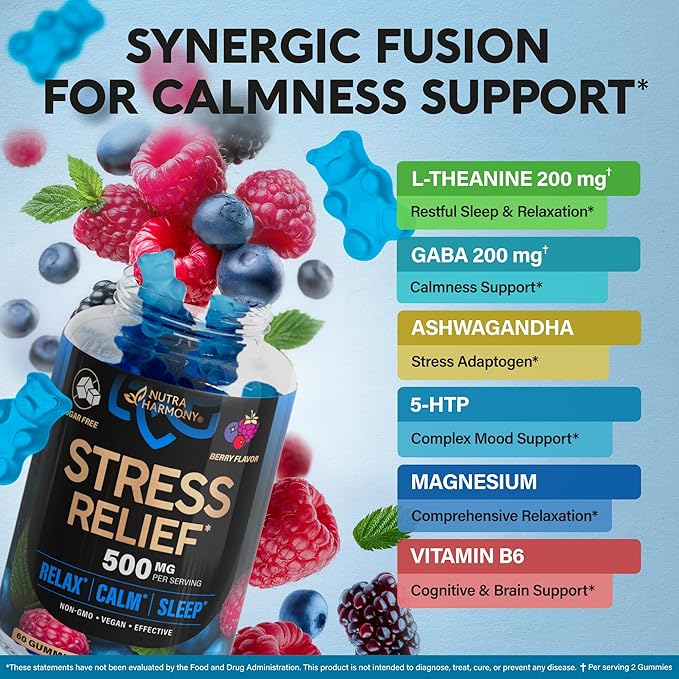 Stress Relief Support 500 mg - Relax, Calm & Sleep Support - Stress Gummies with L-Theanine | GABA | Ashwagandha | 5-HTP | Vitamin B6 & Magnesium - Sugar-Free, Vegan, Mixed Berry Flavor, Pack of 3