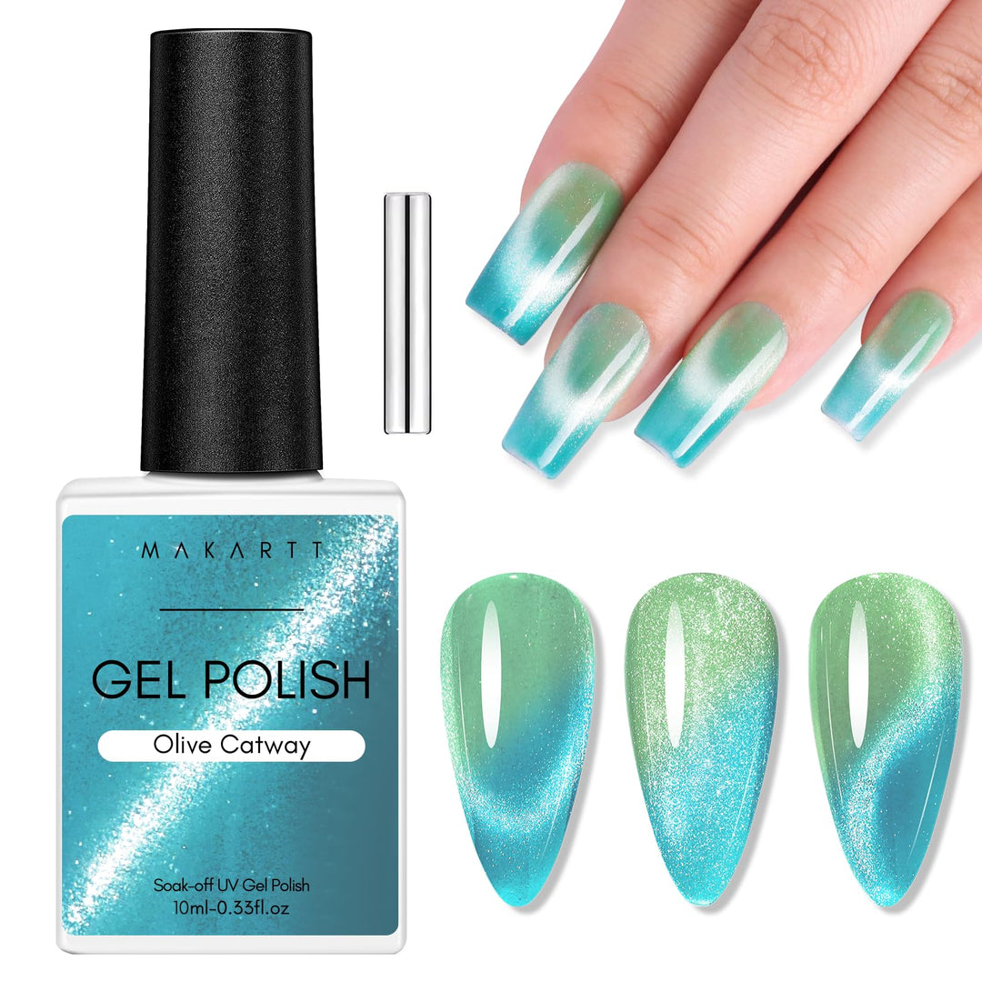 Makartt Cat Eye Gel Nail Polish 10ml, Reflective Glitter Gel with Magnet for Temperature Changing Magnetic Nails, UV/LED Light Cured, DIY Nail Art, Salon & Home Use(Olive Catway)