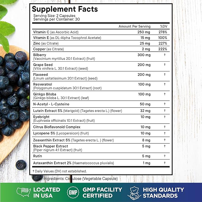 Superfood MD Eye Health Vitamins with Bilberry Lutein & Zeaxanthin Lycopene Resveratrol Grape Seed Extract Astaxanthin- AREDS 2 - Eye Vitamin - 60 Capsules