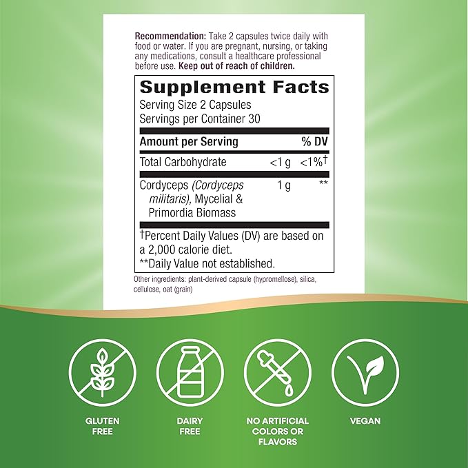 Nature's Way Cordyceps Premium Herbal - 1,000 mg Per 2-Capsule Serving - Traditional Support for Vitality & Endurance* - Mushroom Supplement - Gluten Free - 60 Vegan Capsules