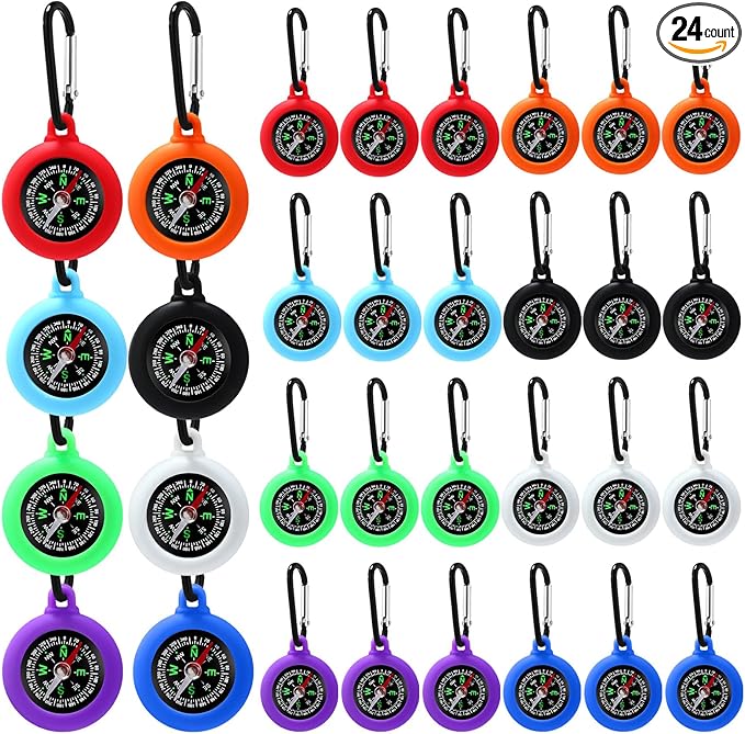 24 Pcs Small Compass Keychain Kids Bulk Mini Camping Carabiner Compass for Outdoor Hiking Military Hunting Climbing Party Backpacking Accessory