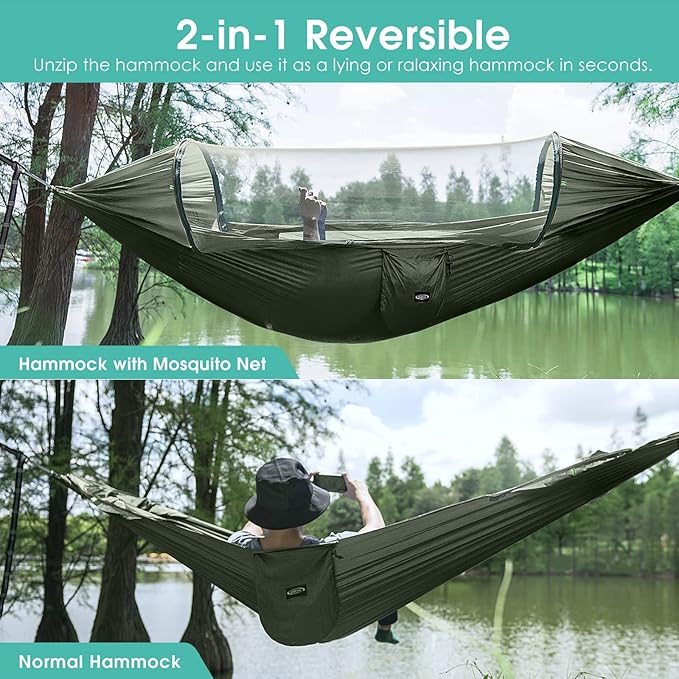 G4Free Large Camping Hammock with Mosquito Net 2 Person Pop-up Parachute Lightweight Hanging Hammocks Tree Straps Swing Bed for Outdoor Backpacking Backyard Hiking