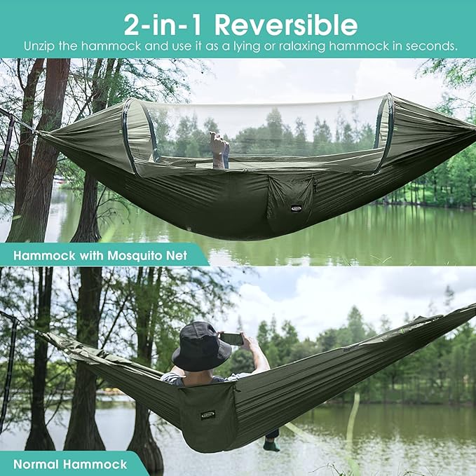 G4Free Large Camping Hammock with Mosquito Net 2 Person Pop-up Parachute Lightweight Hanging Hammocks Tree Straps Swing Bed for Outdoor Backpacking Backyard Hiking
