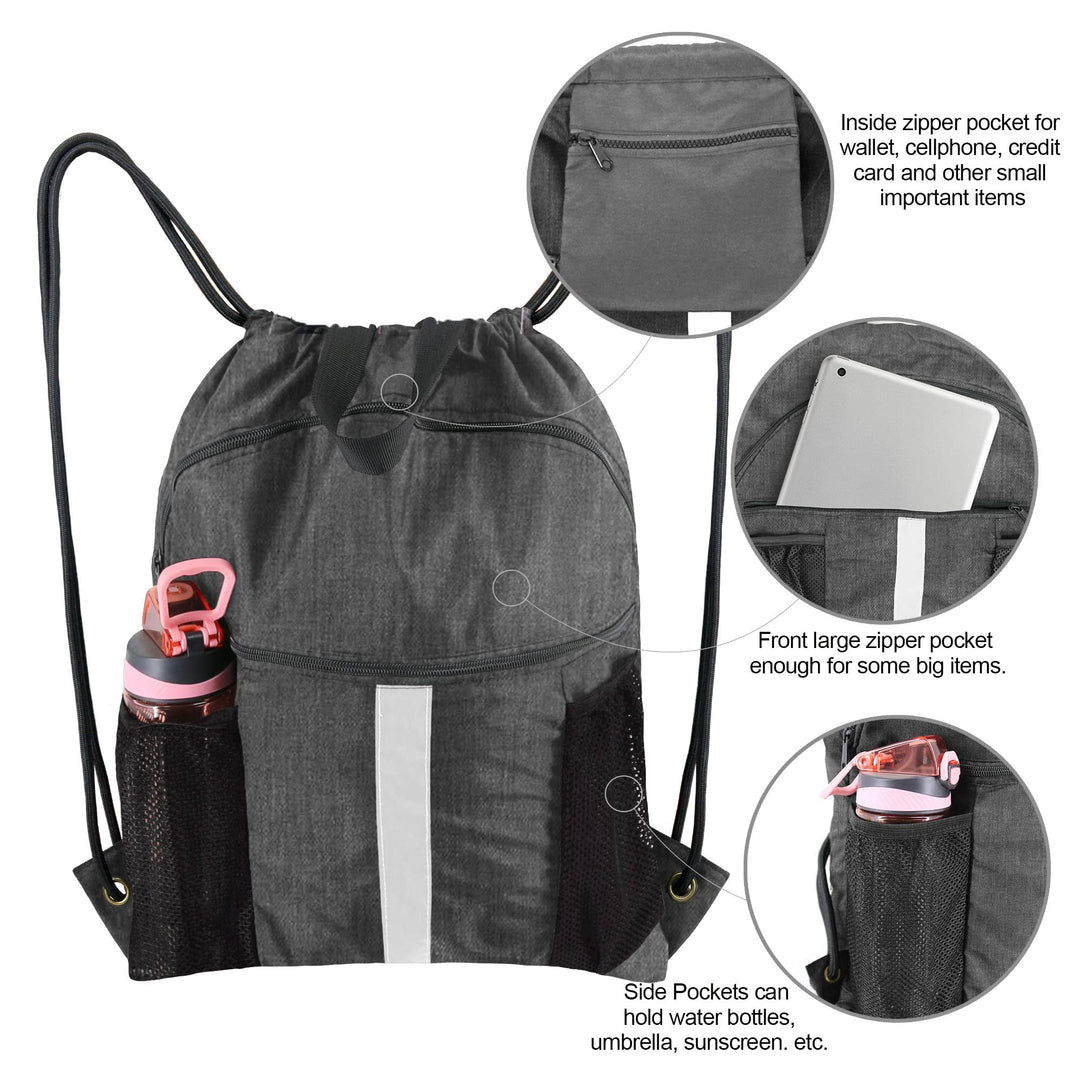 BeeGreen Red Drawstring Backpack Bag with Shoe Compartment X-Large Gym Sports String Cinch Sackpack with Front Inside Zipper Pockets 300D