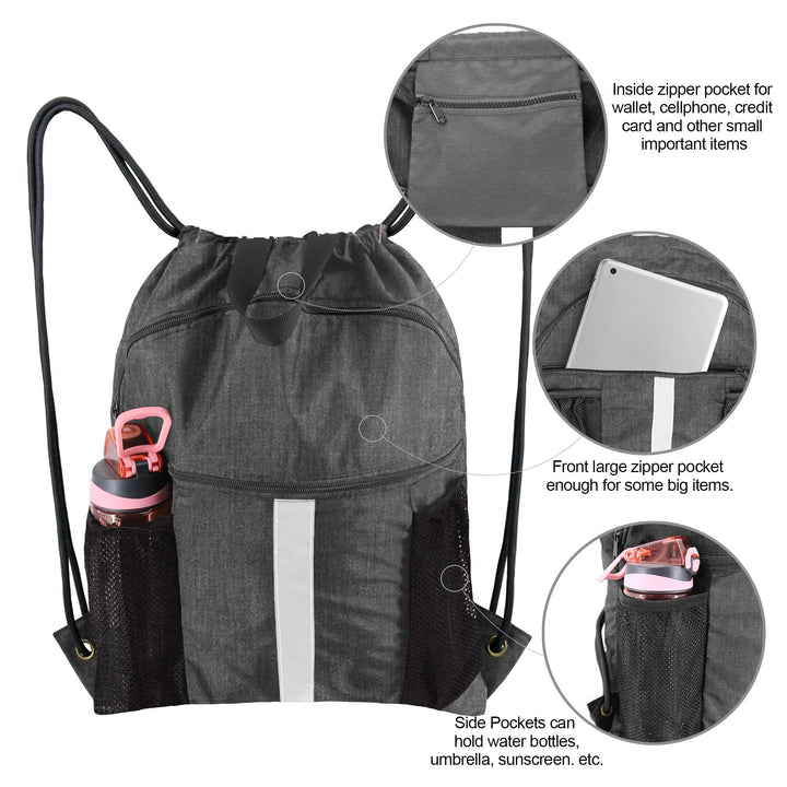 BeeGreen Red Drawstring Backpack Bag with Shoe Compartment X-Large Gym Sports String Cinch Sackpack with Front Inside Zipper Pockets 300D