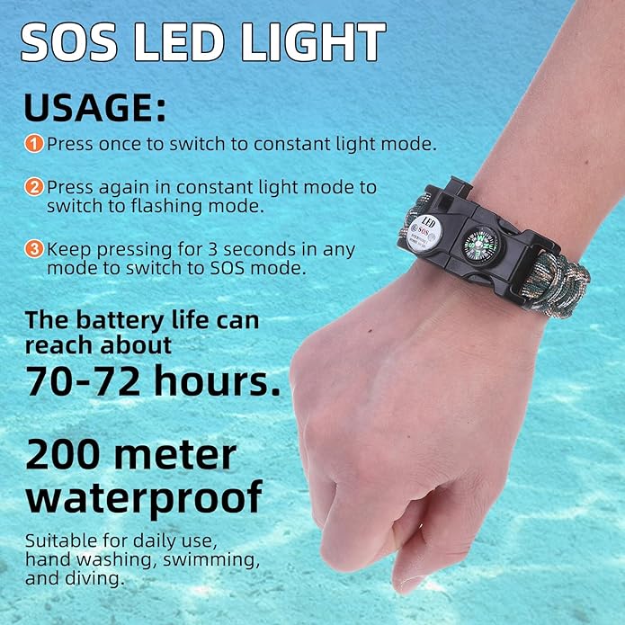 Adjustable Survival Paracord Bracelet, 2 Pack Emergency Fire Starter Kit with Loud Whistle Compass Light Flint Steel for Hiking Fishing Hunting, Tactical Gear Equipment Multitools