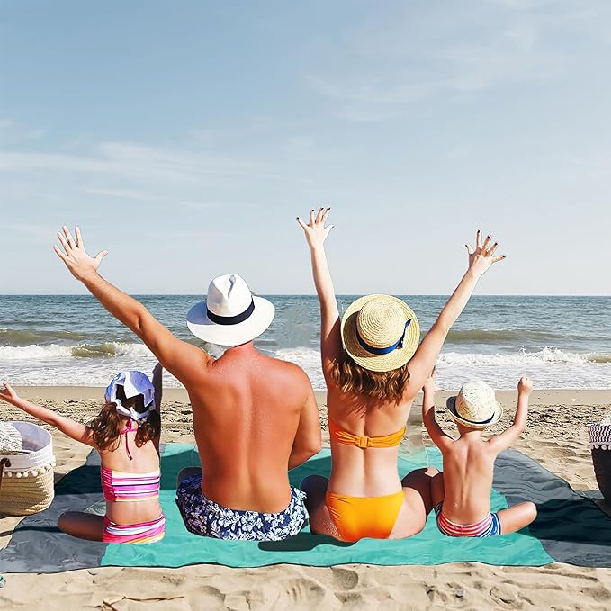 Beach Blanket Sandproof Extra Large Beach Mat Adults Waterproof Quick Drying,Big & Compact Sand Free Mat,Lightweight & Durable with 4 Stakes for Travel Camping Hiking Picnic (Green/Gray)