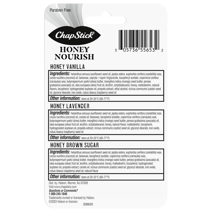 ChapStick Lip Balm Honey Nourish Flavors Honey Lavender, Honey Vanilla, Honey Brown Sugar, 3CT BC .45OZ