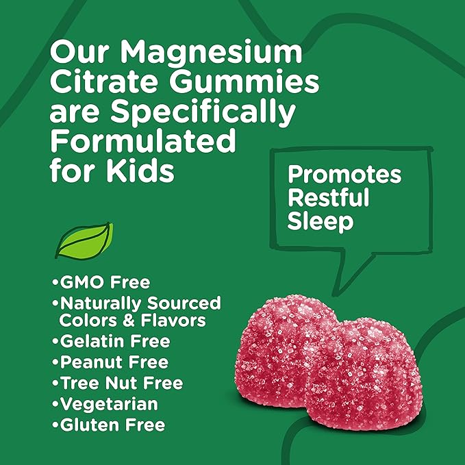 Kids Magnesium Citrate Gummies - Supports Sleep Aid, Calm Gummies, Muscle Relaxer, Optimal Relaxation - Vegetarian, Gelatin Free, Gluten Free, GMO Free - Tasty Chewable Raspberry Flavored Gummy