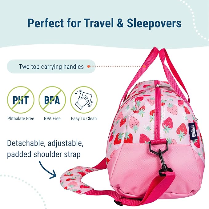 Wildkin Kids Overnighter Duffel Bag – Carry-On Size, Ideal for School & Sleepovers – Strawberry Patch