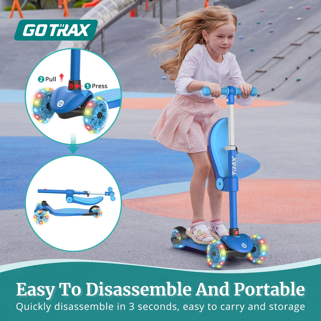 Gotrax KS3 Kids Kick Scooter, LED Lighted Wheels, Adjustable Height Handlebars and Removable Seat, Lean-to-Steer & Widen Anti-Slip Deck, 3 Wheel Scooter for Kids Ages 2-8 and up to 100 Lbs (Blue)