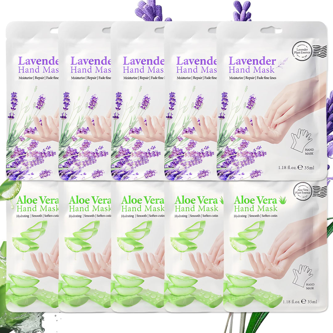 ASMAYSA 10 Pairs Hydrating Hand Mask, Aloe Vera & Lavender Hand Peeling Mask, Hand Mask for Dry Cracked Hands, Hand Moisturizer Gloves for Repairing Rough Skin for Men & Women Spa at Home