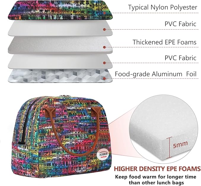 Aosbos Lunch Box for Women Lunch Bags for Adult Insulated Lunch Cooler Bag - Thermal Tote Boxes Reusable Meal Prep Containers, Colorful