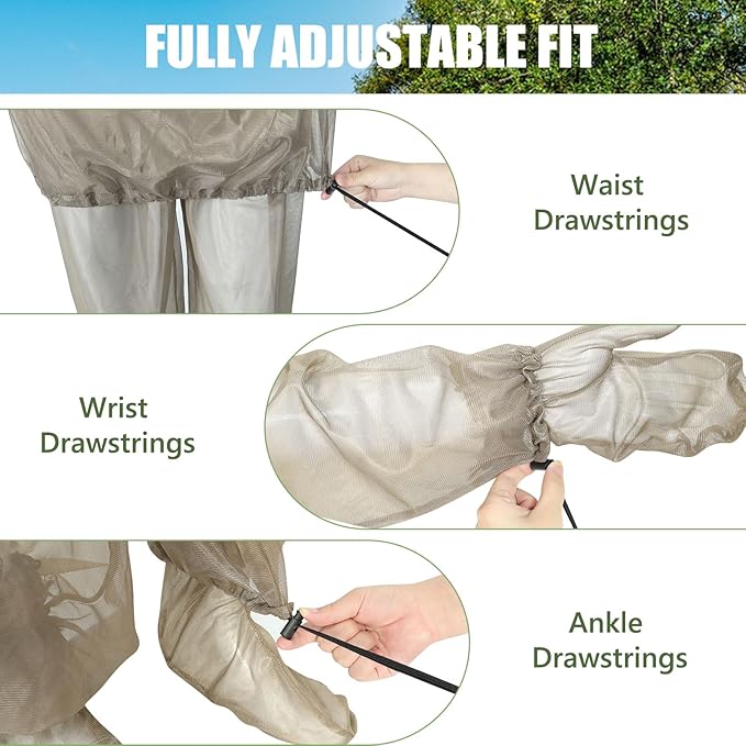 4-Piece Net Suit L/XL, Full Body Jacket with Zippered Hood, Pants, Gloves & Foot Covers, Thickened Breathable Mesh, Adjustable Fit for Men & Women, Lightweight for Outdoor, Camping, Fishing &Gardening