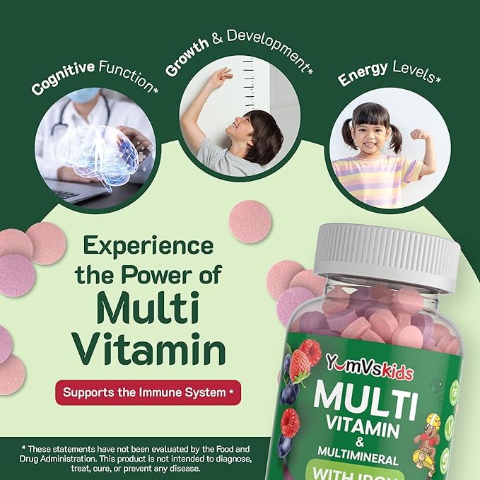 YumVs Complete Kids Multivitamin with Iron - Kids Chewable Multivitamin - Kids Vitamins Multivitamin + Kids Iron Supplement - Toddler Vitamins for 2 Year Old+, Kosher, Halal, Gluten Free (120 Tablets)