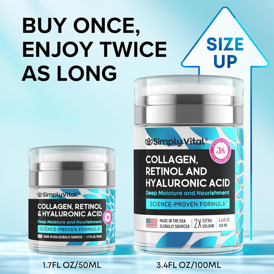 Anti-Aging Retinol Cream | Collagen & Hyaluronic Acid | Daily Moisturizer - 3.38 fl oz