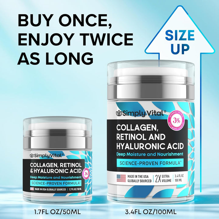 Anti-Aging Retinol Cream | Collagen & Hyaluronic Acid | Daily Moisturizer - 3.38 fl oz