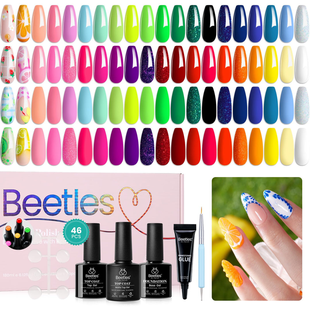Beetles Gel Nail Polish Set-36 Colors Rainbow Nails Neon Juicy Picnic Party Collection & Rhinestone Gel Nail, 46Pcs Fruit Bubble