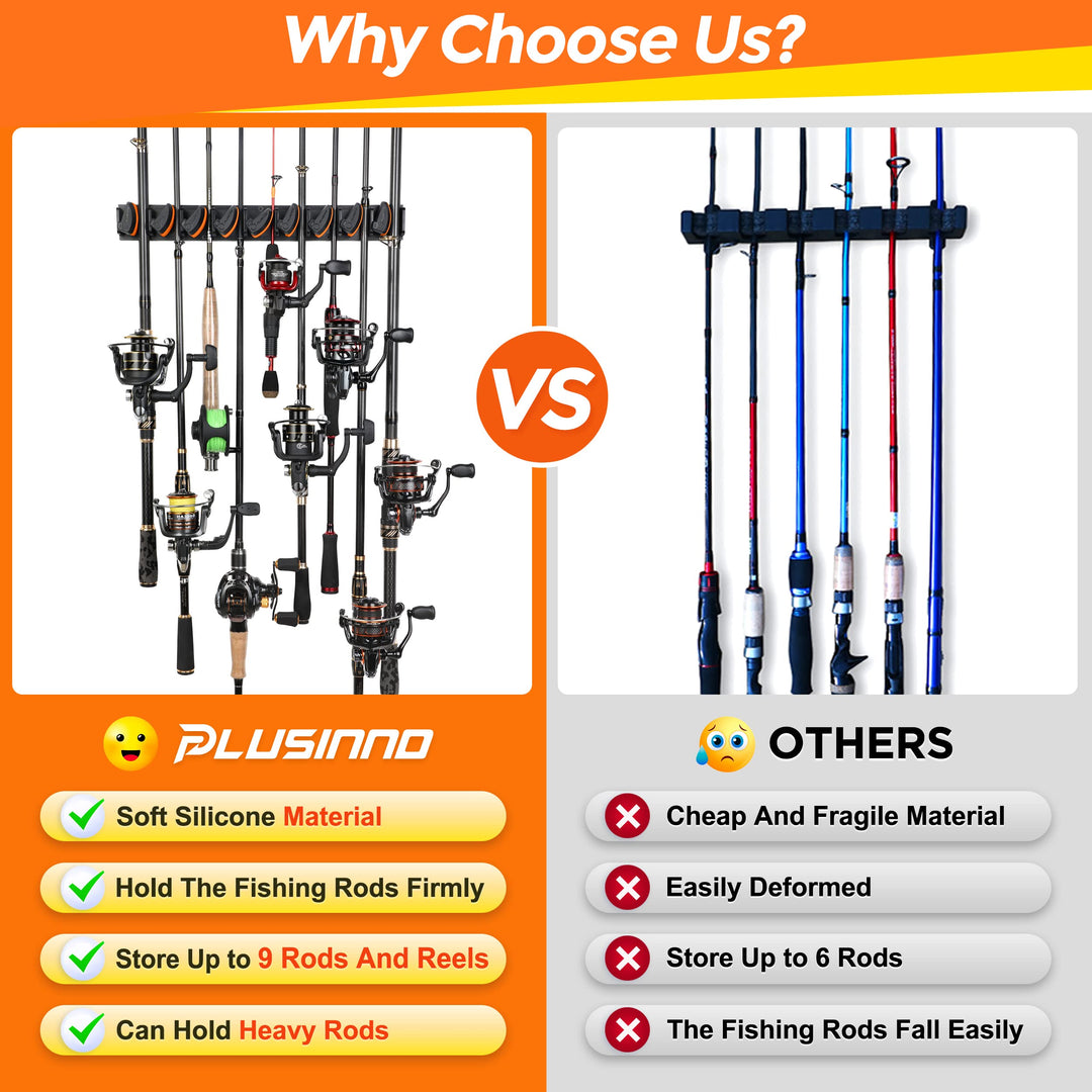 PLUSINNO V9 Vertical Fishing Rod Holders, 4 Packs Wall Mounted Fishing Pole Holders, Fishing Rod Racks Hold Up to 36 Rods or Combos, Fishing Rod Holders for Garage, Fits Most Rods of Diameter 3-19mm