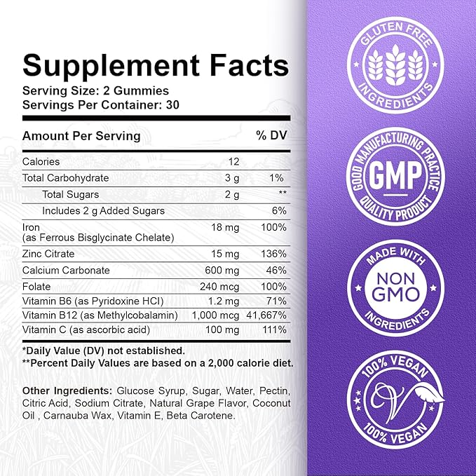 Iron Gummies - with Calcium, Zinc, Folate & Vitamin B12, C, B6 for Adults & Kids - Blood Builder & Energy Support for Iron Deficiency, Anemia, Vegan - Grape Flavour,60 Gummies