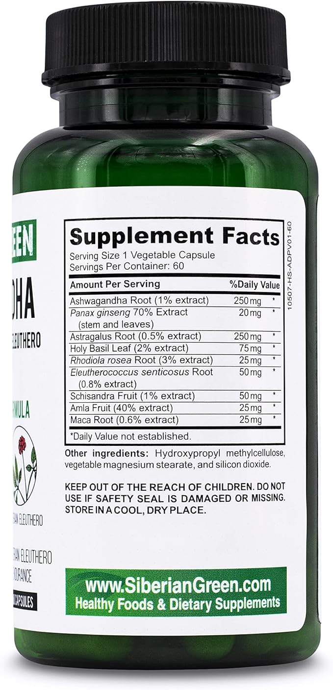 Organic Ashwagandha Root with Astragalus & Siberian Eleuthero Ginseng Complex 60 Capsules Powerful Herbal Support