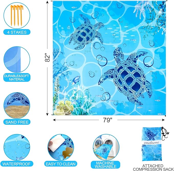 Beach Blanket, Sandproof Beach Mat 79" X 82" for 4-7 Adults, Large Waterproof Beach Blanket Quick Drying Lightweight Beach Blanket with 4 Stakes for Travel Camping Hiking (Sea Turtle)