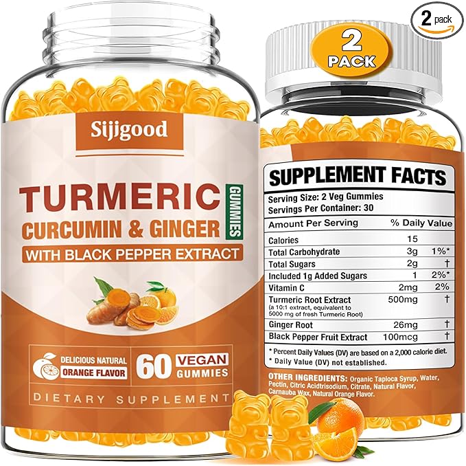 2 Pack Turmeric Curcumin Gummies with Ginger & Black Pepper Herbal Supplement, Immune Support, Healthy Skin, and Joint Health, for Women, Men & Kids - 120 Orange Flavored Gummies