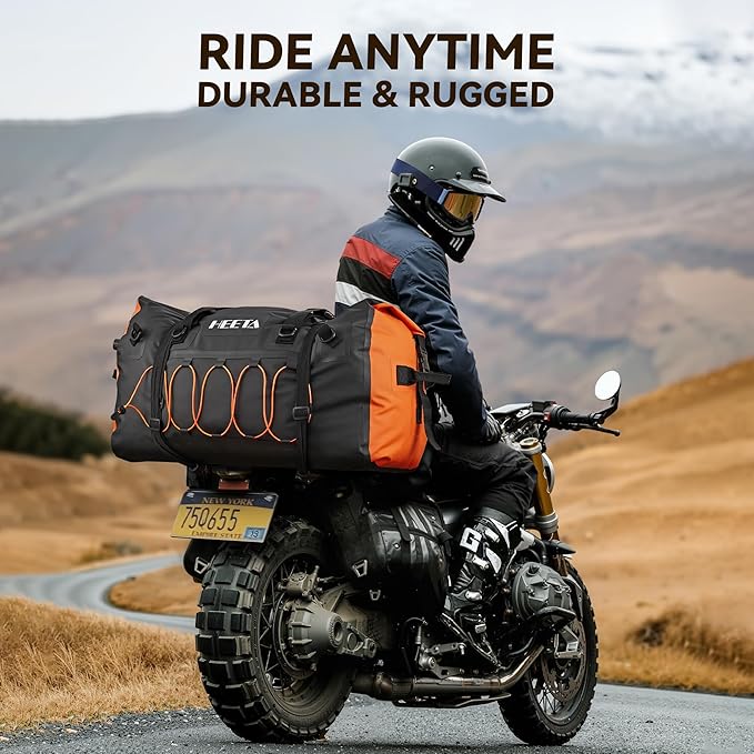 HEETA Waterproof Duffel Bag Motorcycle Dry Bag Backpack, Extra Large Rolltop Travel Duffle Bags with Straps & Handles for Kayaking Rafting Boating Canoeing Camping Gym Beach (Black, 60L)