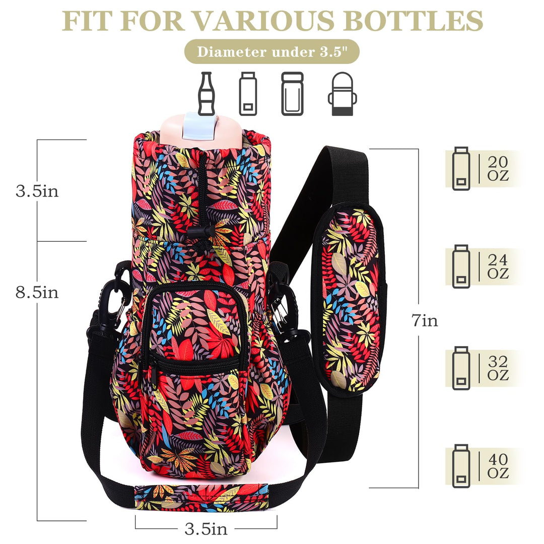 FCQQYWZ Water Bottle Holder with Strap, 32/40oz Water Bottle Bag Crossbody Insulation Water Bottle Holder with Adjustable Shoulder Strap, 4 Pockets for Walking,Camping,Hikingand Fishing (Leaf)