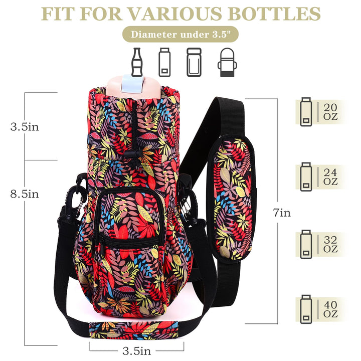 FCQQYWZ Water Bottle Holder with Strap, 32/40oz Water Bottle Bag Crossbody Insulation Water Bottle Holder with Adjustable Shoulder Strap, 4 Pockets for Walking,Camping,Hikingand Fishing (Leaf)