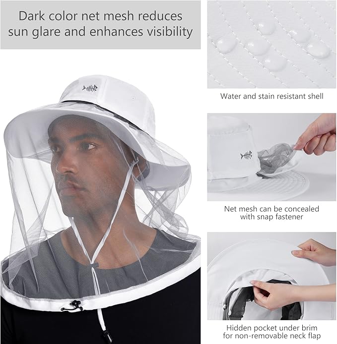 BASSDASH UPF 50+ Mosquito Sun Hat with Hidden Head Net and Neck Flap for Men Women Outdoor Fishing Hiking Camping FH16