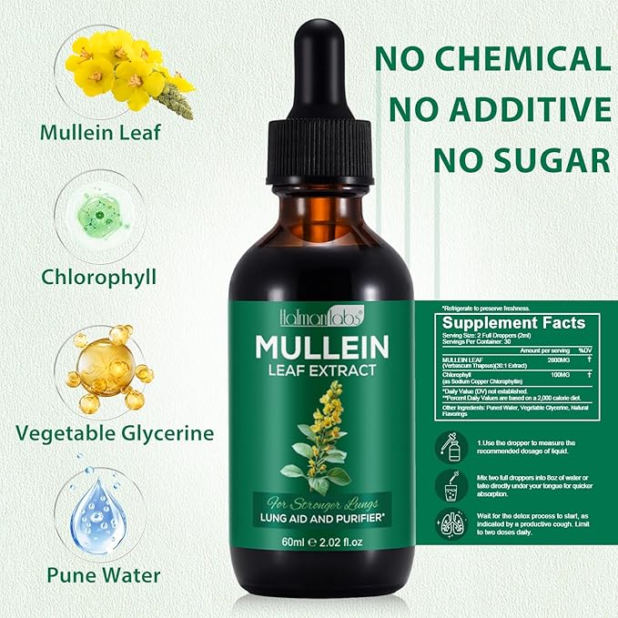 Mullein Leaf Extract for Lungs, Mullein Drops for Lungs, Support Lung, Respiratory Function for Healthy Breathing, Improvement in Pulmonary Function, Natural & Safe Supplement (1 PC)