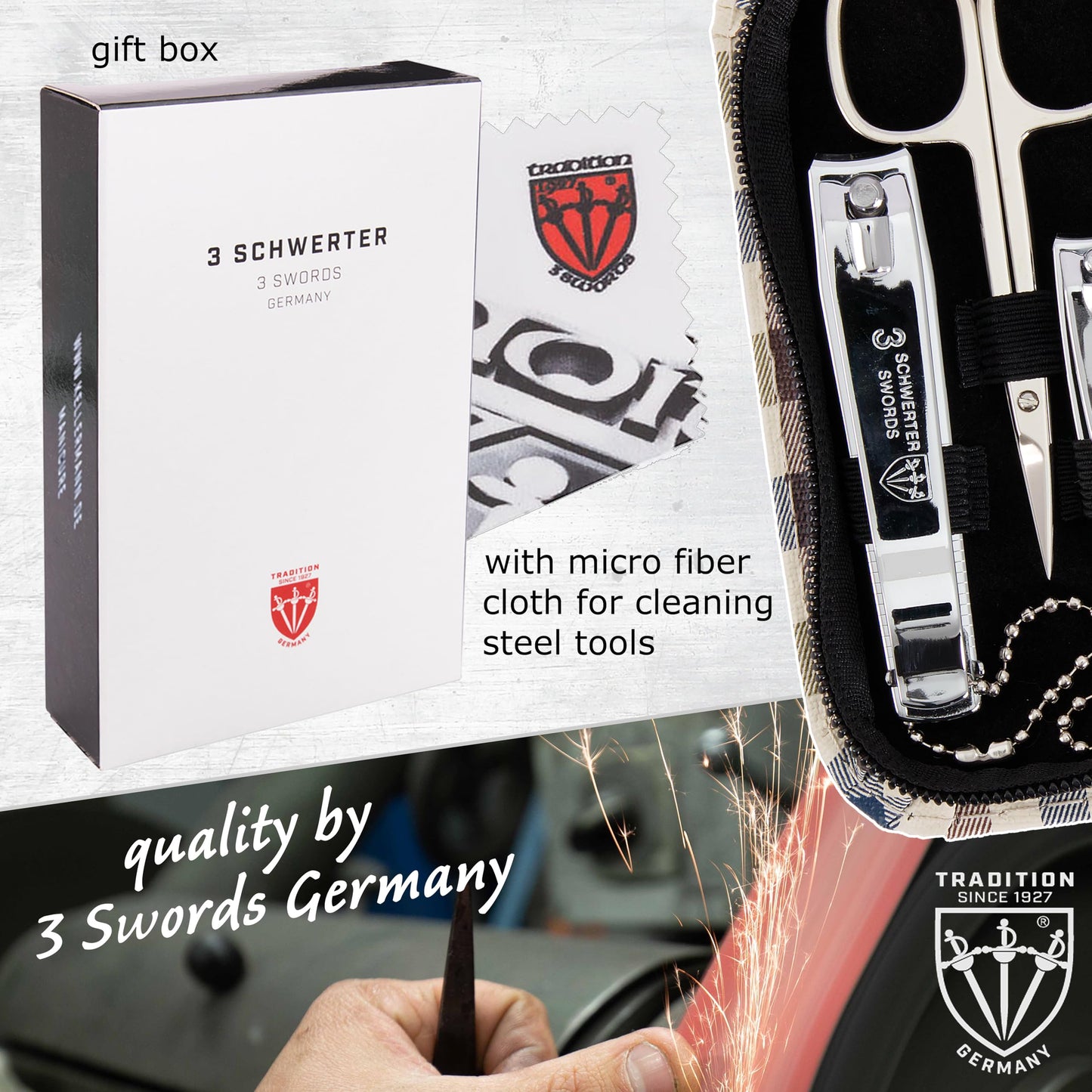 3 Swords Germany - brand quality 8 piece manicure pedicure grooming kit set for professional finger & toe nail care scissors clipper fashion leather case in gift box, Made by 3 Swords (002013)