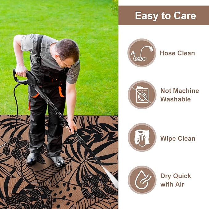 Anidaroel Leaf Outdoor Rugs 6x9ft for Patios Clearance Waterproof, Reversible Tropical Plastic Straw Camping Mat Outside Rug, Large Outdoor Area Rug for RV, Deck, Balcony, Picnic(Black/Brown,6'x9')