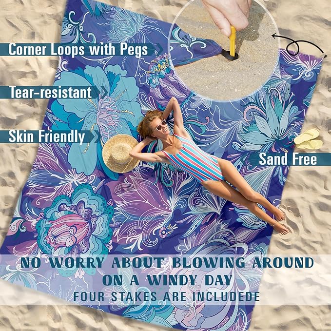 Beach Blanket Sandproof Waterproof 78''×81''1-5Adults Oversized,Compact Lightweight Durable Beach Mat for Travel Camping Hiking Picnic Blanket