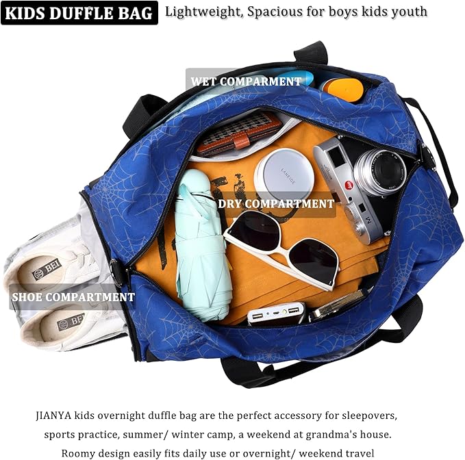 JIANYA Kids Overnight Duffle Bag Spider Sports Gym Bag with Shoe Compartment & Wet Pocket, Carry On Weekender Travel Bag, Blue