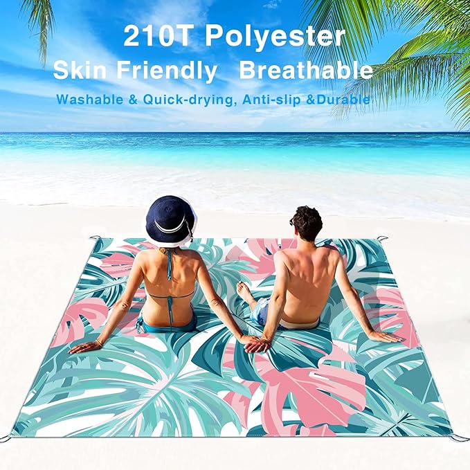 Beach Blanket, Waterproof Sandproof Beach Mat Oversized 79 X 83 Inch for 4-6 Adults, Lightweight Picnic Blanket, Portable Picnic Mat for Outdoor Travel Camping Hiking with 4 Stakes & 4 Corner Pocket