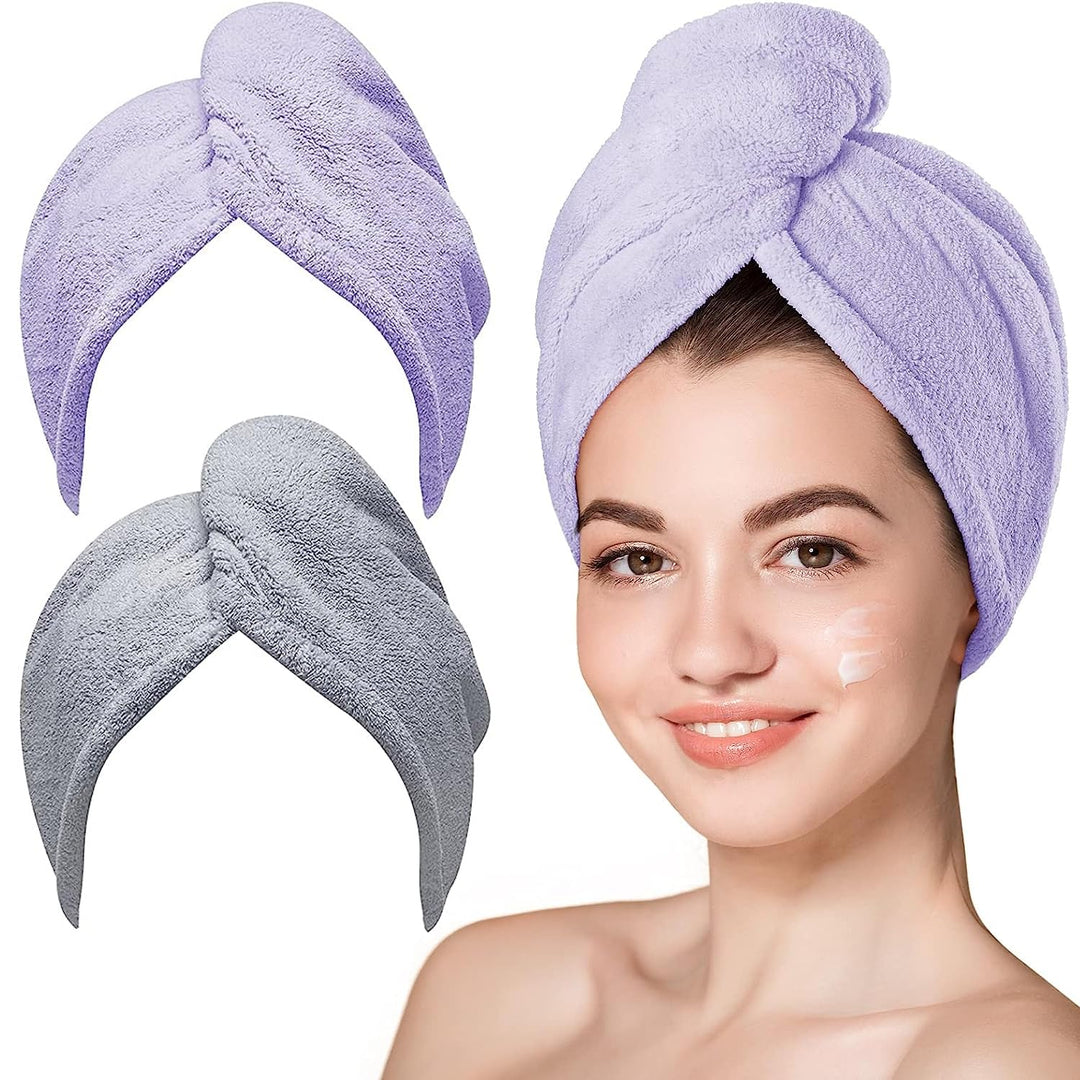 Hicober Microfiber Hair Towel, 2Packs Hair Turbans for Wet Hair, Drying Hair Wrap Towels for Curly Hair Women Anti Frizz (Purple,Grey)